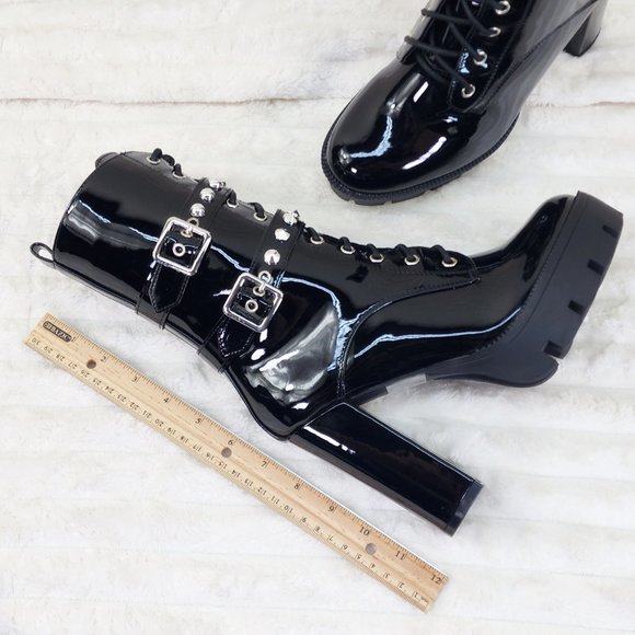 Shiney Black Patent Lug Sole Studded Strap Ankle Boots Temptress - Picture 11 of 12